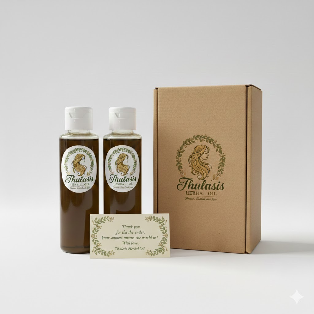 Thulasi's Herbal Oil bottles with premium packaging and thank you card