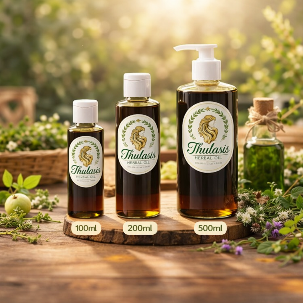 Thulasi's Herbal Oil available in 100ml, 200ml and 500ml sizes